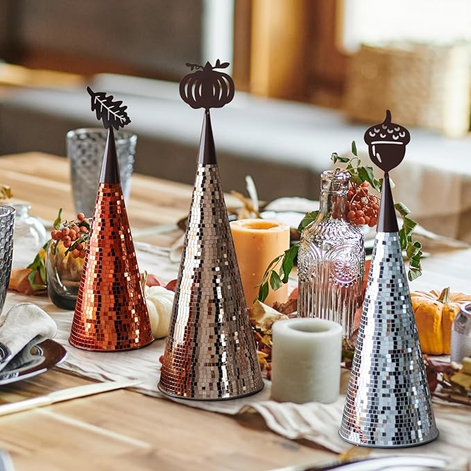 WDHODEC Fall Table Decor Tree 3PCS, Handmade Fall Halloween Table Centerpiece Decorations, Tabletop Disco Ball Tree for Autumn Party, Wedding, Indoor Outdoor Thanksgiving Decor Orange Brown Silver