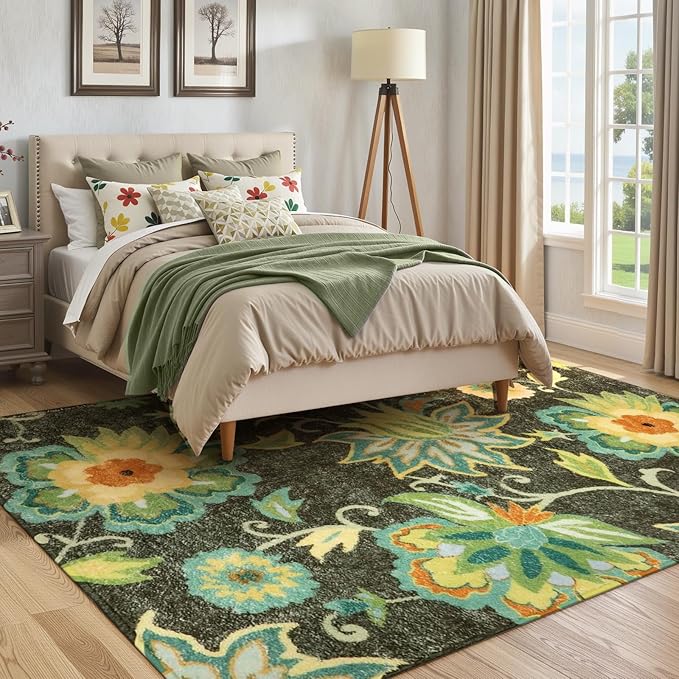 Lahome Machine Washable Floral Living Room Rugs - 5x7 Area Rugs for Bedroom Non-Slip Large Throw Kitchen Rug Soft Green Modern Dinning Room Rug Distressed Indoor Carpet for Entryway Office Room