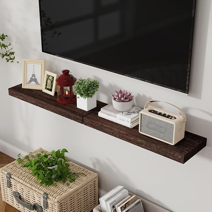 Axeman Floating Shelves, 8 Inch Deep Rustic Solid Wood Wall Shelves for Storage, Wall Mounted Display Shelving with Invisible Heavy-Duty Metal Bracket, 36" W x 8" D x 1.6" H, Rustic Brown