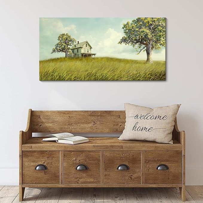 YCPRIMER Canvas Wall Art - Village Landscape Decor Retro Farmhouse Picture Yellow Tree Grassland Painting Artwork for Dinning Room,Living Room,Kitchen Decoration Size 24×48Inch