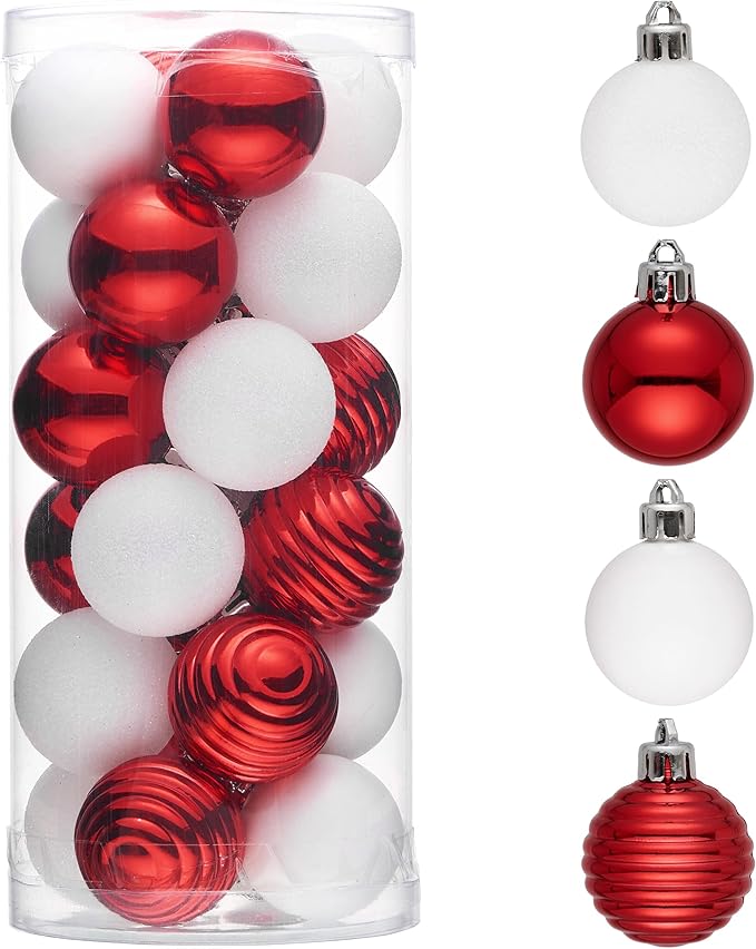 Valery Madelyn 1.57 Inches Small Christmas Tree Decorations Ornament Set for 4th of July Fall Halloween, 24ct Red and White Shatterproof Hanging Ball Ornaments Holiday Party Decor