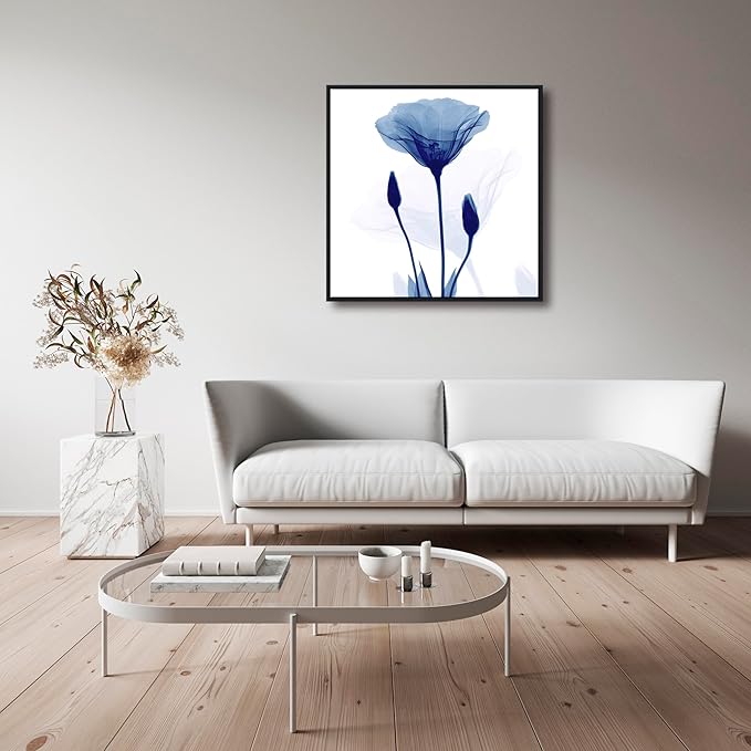 Pyradecor Large Black Framed Canvas Wall Art Abstract Blue Flickering Flower Modern Grace Floral Pictures Paintings Artwork for Bedroom Office Home Decorations