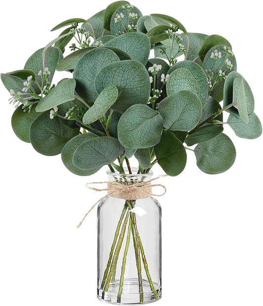 14" Artificial Eucalyptus Stems in Glass Vase with Faux Water, Realistic Eucalyptus Leaves Fake Plant Branch Greenery Decoration for Home Farmhouse Bathroom Kitchen Wedding Centerpiece Table Décor