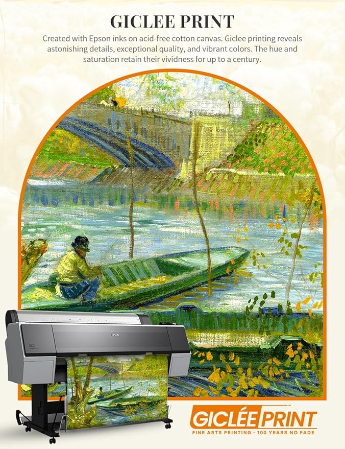 DECORARTS - Vincent van Gogh's Fishermen and Boats from the Pont de Clichy, Museum-Quality Giclee Canvas Print in Gold Solid Wood Frame, 34.75 x 28.75 in, Ready to Hang, Made in USA