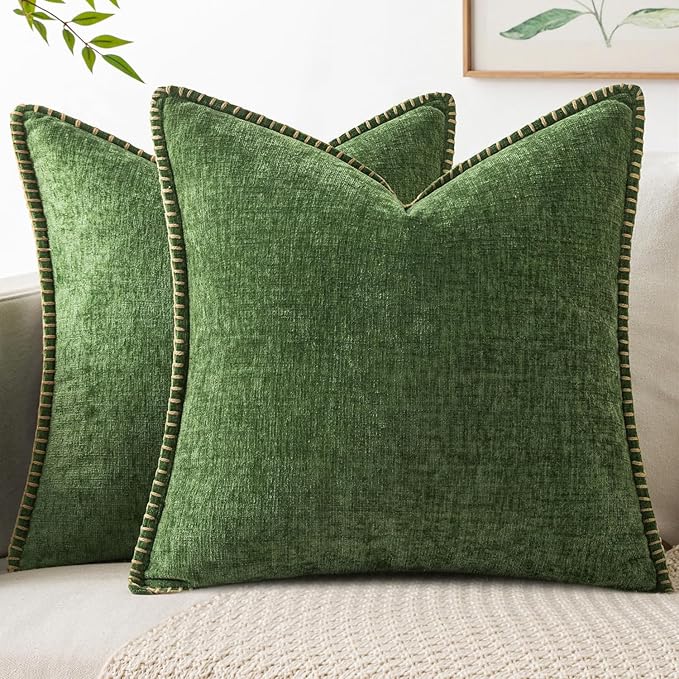 MIULEE Pack of 2 Christmas Couch Pillow Covers 18x18 Inch Moss Green Farmhouse Decorative Throw Pillow Covers with Stitched Edge Soft Chenille Solid Dyed Pillow Covers for Sofa Bed Living Room