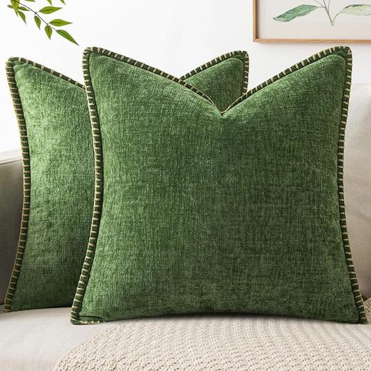 MIULEE Pack of 2 Christmas Couch Pillow Covers 18x18 Inch Moss Green Farmhouse Decorative Throw Pillow Covers with Stitched Edge Soft Chenille Solid Dyed Pillow Covers for Sofa Bed Living Room