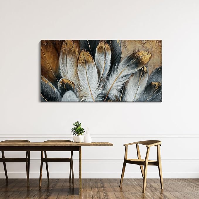 Feather Canvas Wall Art Modern Living Room Bedroom Wall Decoration Large Giclee Print Canvas Painting Artwork for Home Decor One Piece White Gold Brown Feather Picture Ready to Hang 58x29 Size