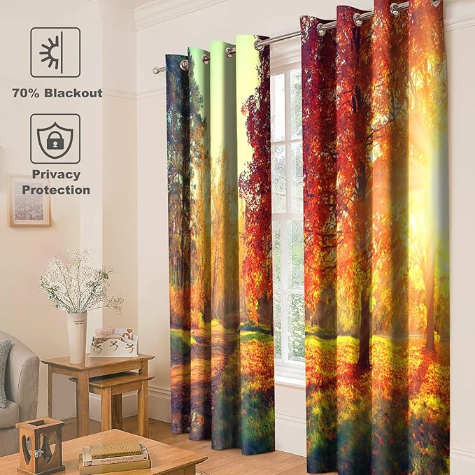 Jekeno Forest Blackout Curtains Jungle Autumn Tree Orange Leaves Sunlight Print Fall Nature Scenic Decor Home Bedroom Living Room Grommet Window Drapes 2 Panel Set, 52"x63"