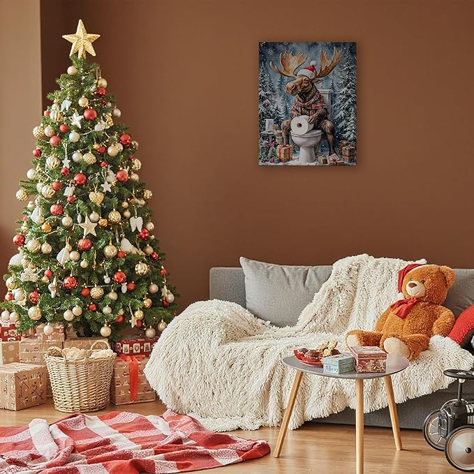 FITIE Funny Christmas Moose Bathroom Canvas Wall Art Poster, Vintage Holiday Winter Christmas Framed Artwork Prints Wall Decor for Bathroom Washroom Restroom Toilet, 11x14 Inch