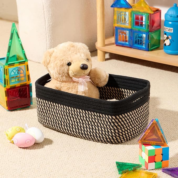 Small Storage Baskets for Organizing | Closet Organizer Bins | Shelf Toy Basket | Woven Rope Baskets | Cube Decorative Box | Shallow Basket | 13x8.5x5.1” | 4 Packs Black Brown