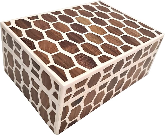 collectiblesBuy Honeycomb Bone Inlay Jewelry Box – Handcrafted Decorative Organizer for Keepsakes, Dresser & Vanity | Elegant Bedroom Storage Box & Unique Gift Decor