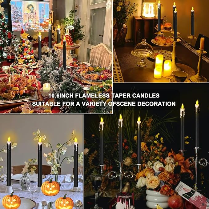 Flameless Taper Candles 10.6" Dripless Battery Operated Taper Candles Included Remote Timer 400+ Hours by 2AA Batteries for Halloween Christmas Wedding (Black+White, 24 Pack)