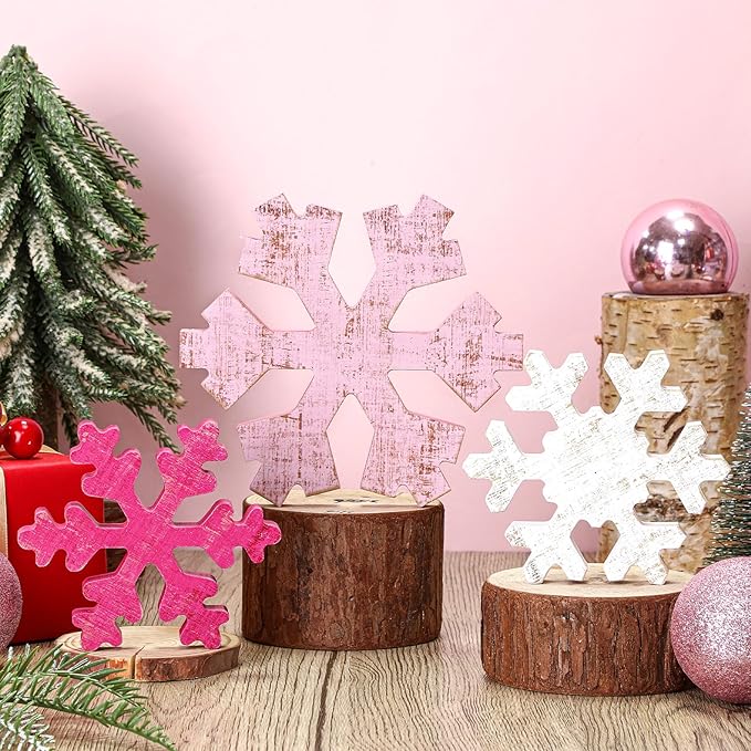 Bucherry 3 Pcs Winter Wooden Snowflake Decor Rustic Winter Snowflake Table Signs Wonderland Wood Blocks Farmhouse Christmas Tiered Tray Decorations for Xmas Table Shelf(Pink, Rose Red, White)