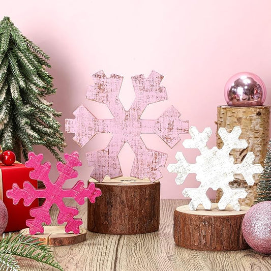Bucherry 3 Pcs Winter Wooden Snowflake Decor Rustic Winter Snowflake Table Signs Wonderland Wood Blocks Farmhouse Christmas Tiered Tray Decorations for Xmas Table Shelf(Pink, Rose Red, White)