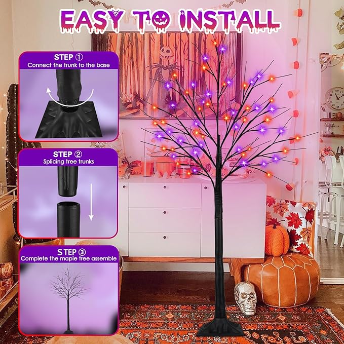 2-Pack 6FT Lighted Black Halloween Tree with 288 LED Orange and Purple Lights (Higher Size and Floor Standing), Halloween Decorations Spooky Tree for Indoor Outdoor, Home Holiday Party