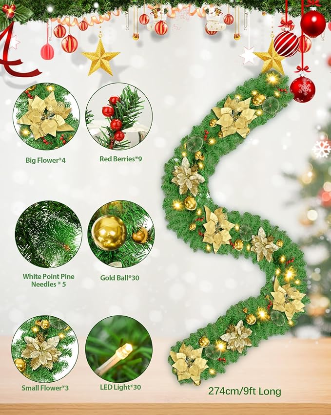 Christmas Garland, 9ft Pre-lit Christmas Decorations Garland with Lights for Front Door, Artificial Green Rattan, for Xmas Tree, Mantel Stairs Home Indoor Outdoor Christmas Decor Wreath (Gold)