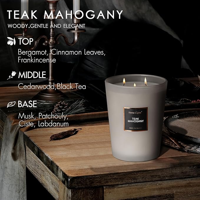 HomeLights Premium Scented Candles - 33.3 oz Natural Soy Wax, Aromatherapy for Home, Long Lasting Smokeless, 130 hrs Burn Time, 3 Cotton Wicks, Gifts for Women & Men - Teak Mahogany