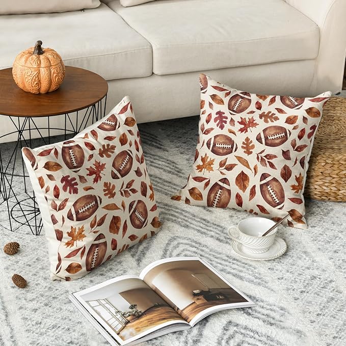 AVOIN colorlife Fall Football Maple Leaves Throw Pillow Covers 18x18 Inch, Seasonal Autumn Thanksgiving Harvest Cushion Case Decoration for Sofa Couch Set of 2