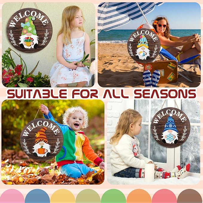 Qunclay Interchangeable Wooden Gnome Decor Holiday Seasonal Gnome Decorations with Magnet Pieces and Detachable Hats Changeable Welcome Sign for Home(Attractive Style)