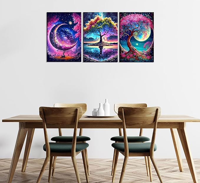 3PCS Tree of Life Wall Art Moon Canvas Poster Romantic Starry Night Pictures Fantasy Forest Paintings Tree Life Prints Visual Modern Abstract Wall Decor for Living Room Bedroom Framed