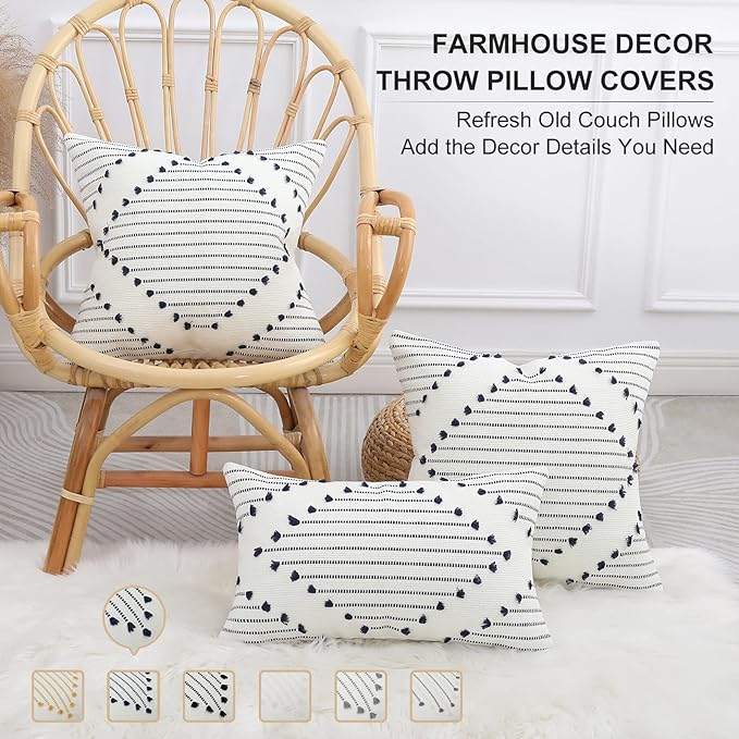 Mecatny Boho Outdoor Throw Pillow Covers 20X20 Set of 2, Farmhouse Decorative Pillow Covers for Couch Sofa Living Room, Navy & Cream White