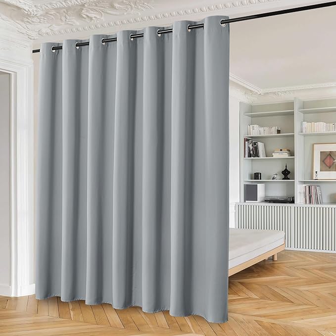 Beauoop 100% Blackout Curtains 96 Inches Long for Patio Sliding Door Grey Solid Extra Wide Room Darkening Thermal Insulated Room Divider Soundproof Grommet Window Treatment Drapes,100x96 Set of 1