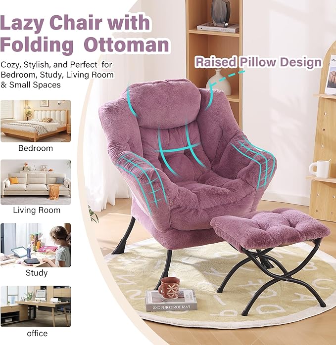 Oversized Chair with Ottoman, Modern Chair with Folding Footrest, Lounge Accent Chair, Comfortable Reading Chair for Bedroom, Study, Living Room, Courtyard (Plush Purple)