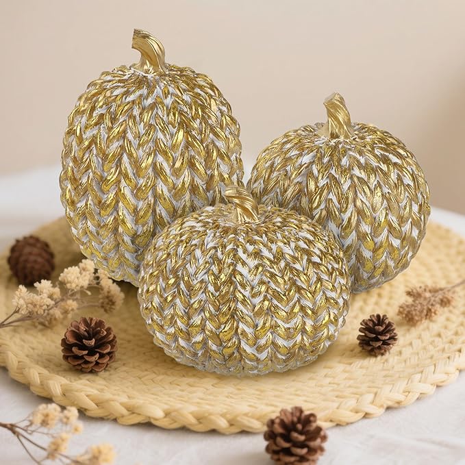 winemana Fall Decorations for Home Set of 3, Gold & White Resin Pumpkin Decor with Woven Design - Thanksgiving Table Centerpiece, Mantel, Indoor & Outdoor Farmhouse Autumn Décor
