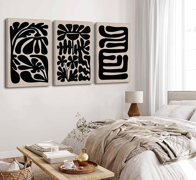 3 Pcs Boho Abstract Floral Canvas Wall Art Mid Century Modern Minimalist Black Neutral Flower Botanical Picture Wall Decor Poster Print Artwork for Living Room Bedroom Home Decoration
