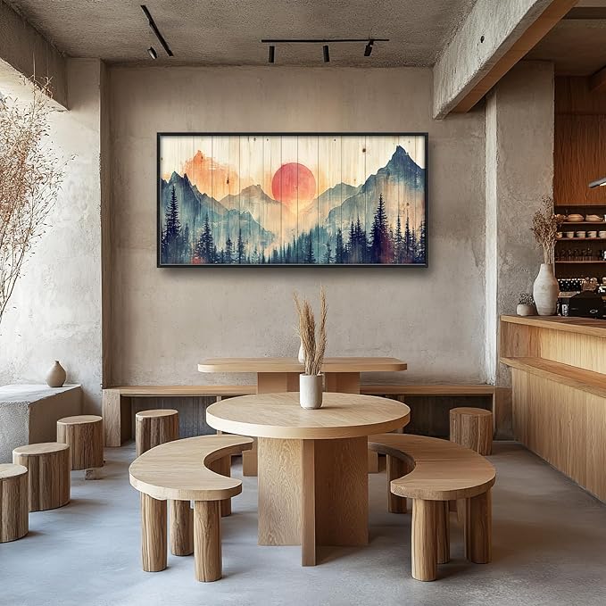 Framed Large Cabin Mountain Wall Art for Living Room, Oversized Rustic Forest Wall Decor, Rustic Nature Landscape Canvas Painting Sunset Pictures Home Decoration for Bedroom Office 60"x30"