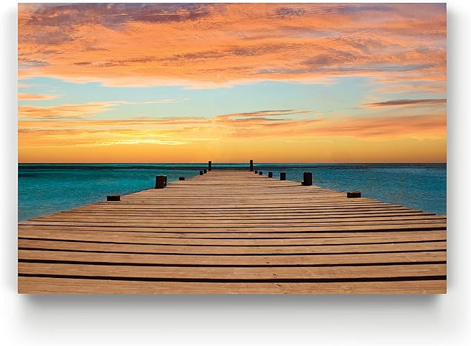 Renditions Gallery Nature Wall Art Pictures & Prints Ocean Dock View of Orange Sundown Canvas Hanging Artwork for Bedroom Office Kitchen Wall Decor - 18"X27" LT08