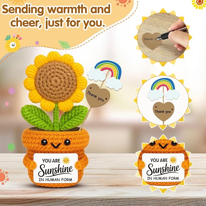 Crochet Sunflower Affirmation Gift | You are Sunshine in Human Form | Appreciation Gift for Coworker, Teacher, Best Friend, Employee – Birthday, Christmas, Thanksgiving for Women Men