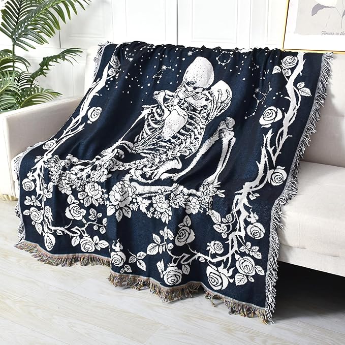 Boho Throw Blanket Reversible Cotton Bohemian Tapestry Hippie Room Decor Double Sided (Boho Skeleton Lover Moon Blue 50"x60")