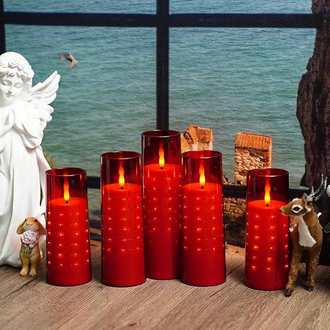 Flameless Candles with Embedded Star String - Flow Flicker Battery LED Candles, Realistic Flame, Red Set of 5 | Holiday Decoration, Wedding, Party Adding to The Family Atmosphere