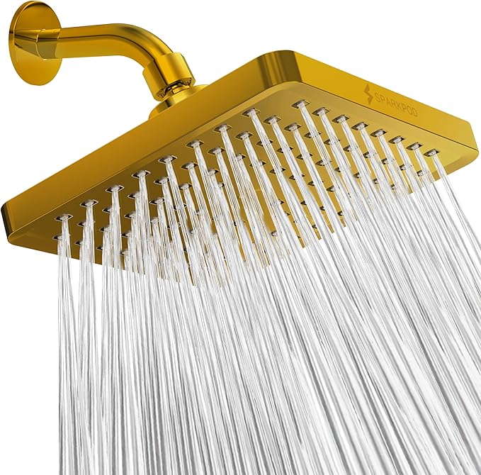 SparkPod Shower Head - High Pressure Rain - Premium Quality Luxury Design - 1-Min Install - Easy Clean Adjustable Replacement for Your Bathroom Shower Heads (Egyptian Gold, 8 Inch Square)