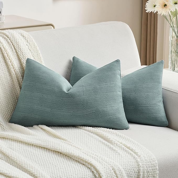 FUTEI Haze Blue Chenille Decorative Throw Pillow Covers 12x20 Inch Set of 2,Soft Cozy Striped Geometric Patterns Lumbar Pillow Cases,Modern Home Decor for Couch Bed Living Room