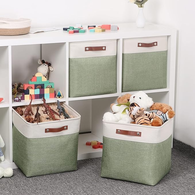 Temary Cube Storage Baskets for Shelves 4pack Fabric Storage Basket for Organizing Clothes, 13 Inch Storage Cubes with Leather Handles, Closet Baskets (White&Green)