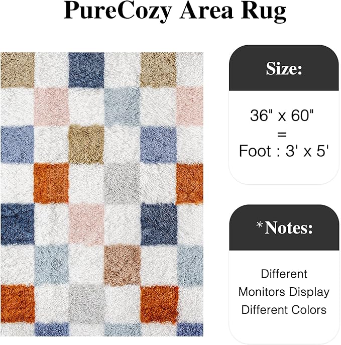 Checkered Rug 3x5 for Living Room, Modern Rainbow Shag Rug Super Soft Washable Indoor Fuzzy Carpet Non-Slip Fluffy Rugs for Bedroom Home Aesthetic Decor