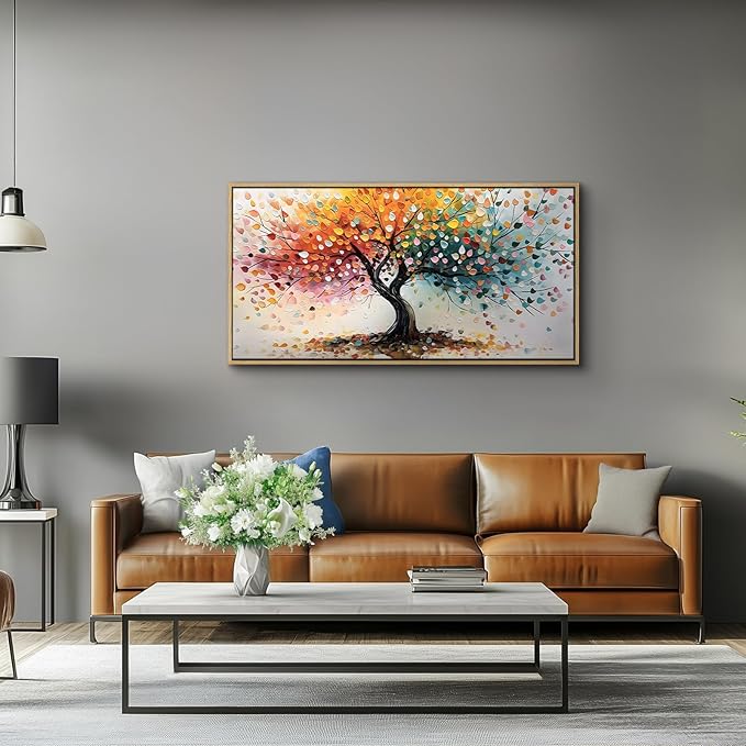 crmotu Large Framed Wall Art, Colorful Tree of Life Canvas Painting, Abstract Rainbow Tree Art Prints, Nature Plant Pictures Wall Decor Living Room Bedroom Bathroom Office, Modern Home Decor 20"X40"