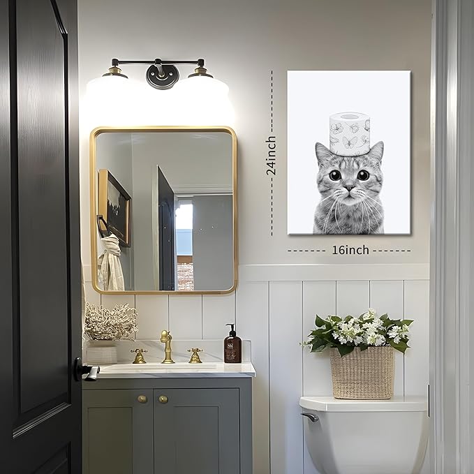 Funny Bathroom Wall Art, Cute Black and White Cat Canvas Wall Decor, Humor Toilet Paper Prints Bathroom Decor, Adorable Animal Picture Paintings Poster Toilet Signs 16x24 inch Framed