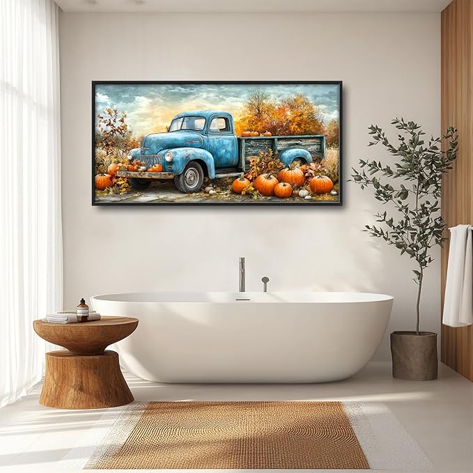Olivine Fall Large Wall Art, Pumpkin Pictures Wall Decor, Truck Painting, Country Autumn Canvas Prints, Framed Artwork for Dining Room Living Room Bedroom Bathroom Office Home Decor 60"x30"
