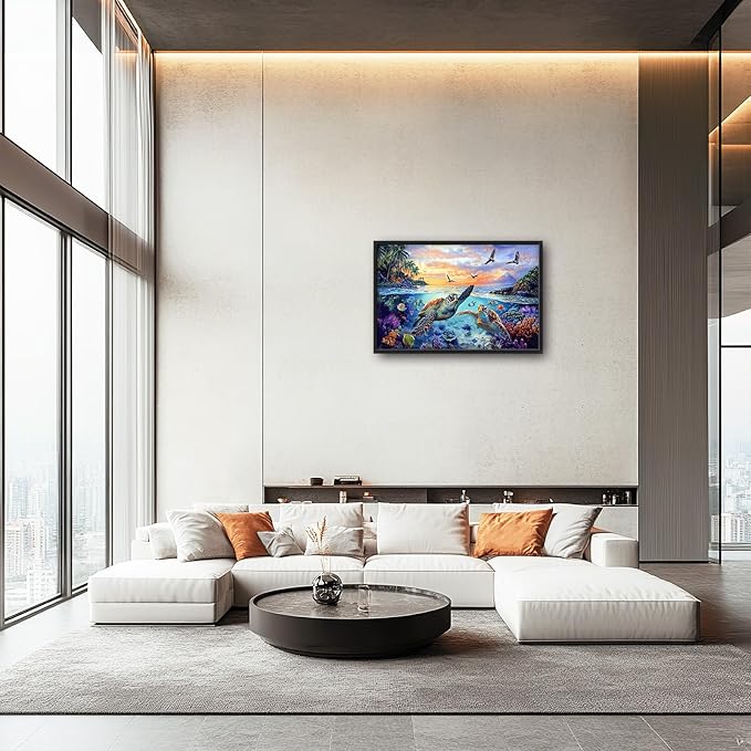 Framed Large Sea Turtle Wall Art for Living Room, Oversized Ocean Turtle Wall Decor Seascape Underwater Marine Life Canvas Painting Home Decoration for Living Room Bedroom Office 36"x24"