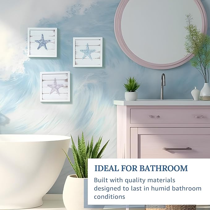 TideAndTales 3D Starfish Wall Art (Framed Set of 3) Coastal Theme Wall Hanging Decoration for Bathroom or Tropical Bedroom, Ocean Inspired Seashell Decor for Home or Beach House (7"x 7")