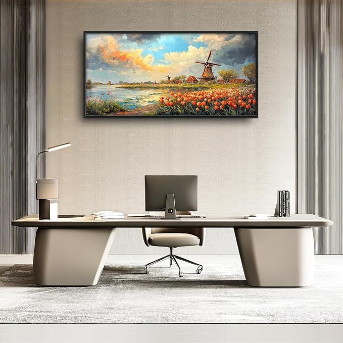 Windmill Framed Wall Art for Living Room, Large Tulips Canvas Wall Decor, Vintage Florals Pictures Painting, Farmhouse Artwork for Bathroom Bedroom 60L'' × 30W''