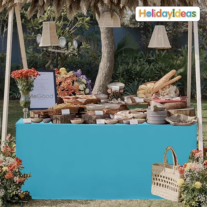 HolidayIdeas Open Back Fitted Tableclothss for 8 Foot Rectangle Table, Wrinkle Resistant Washable Table Covers 96x30 Inch for Craft Fairs, Banquets, Trade Show Display, Teal,4 Pcs