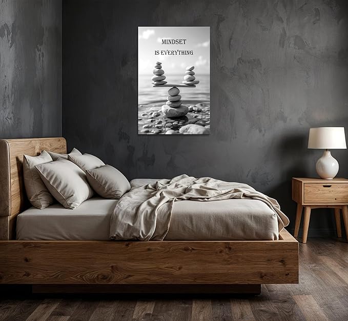 YIOZHAOFH Mindset Wall Art for Zen Office Inspirational Pictures Wall Decor Motivational Quotes Canvas Art Black and White Landscape Nature Print Poster Painting Framed for Meditation Spa Room Bedroom (28L x 44W)