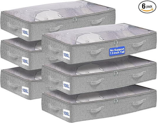 punemi 6-Pack Under Bed Storage Bags (No Support) - 100L Extra Large, Foldable Zipper Storage Containers for Blankets, Clothes & Comforters - Fabric Bins with Lids for Dorms, Closets & Organizing