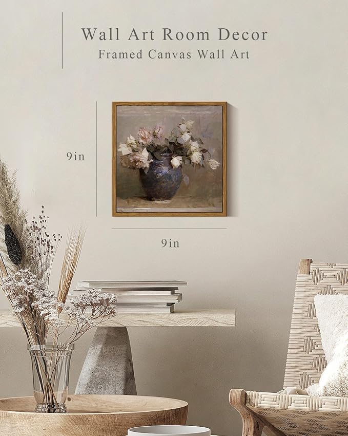 InSimSea Square Framed Canvas Wall Art, Flowers Farmhouse Vintage Classical Floral Rose in Vase Pictures Wall Decor Paintings, Canvas Wall Decor for Living Room, Kitchen Bathroom Home 9"x9"