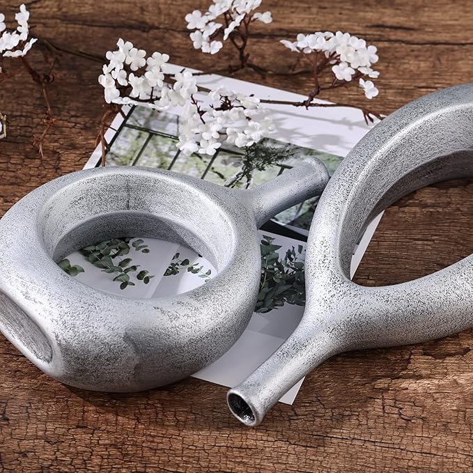 Silver Ceramic Hollow Elliptical Vase Set of 2 - Boho Circle Vase with Hole, for Modern Silver Table Decor, Living Room Decor Shelf mid Century Modern Home Entrance Decorative vase
