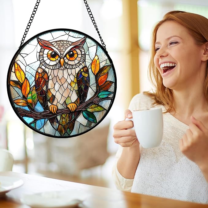 Stained Glass Window Hanging, Owl Colorful Leaves Birds Sun Catchers Diamond Glass Panel Hangings Suncatcher Decor for Birthday for Women, Men, Wife, Aunt, and Mom 14.9x14.9 in